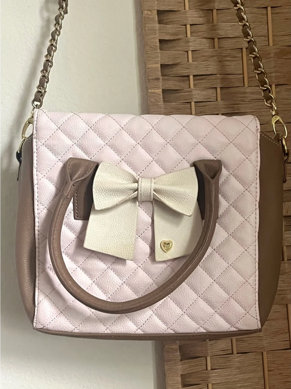 Betsey Johnson Pink Quilted Crossbody with Brown Trim & Cream Bow